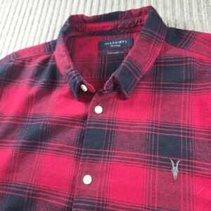 AllSaints Men's Red and Black Long Sleeve Flannel Shirt Size XXL